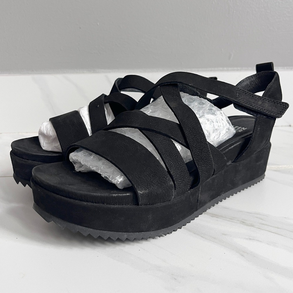Eileen Fisher Platform Sandals Womens 7 Black Nubuck Strappy Comfort Minimalist